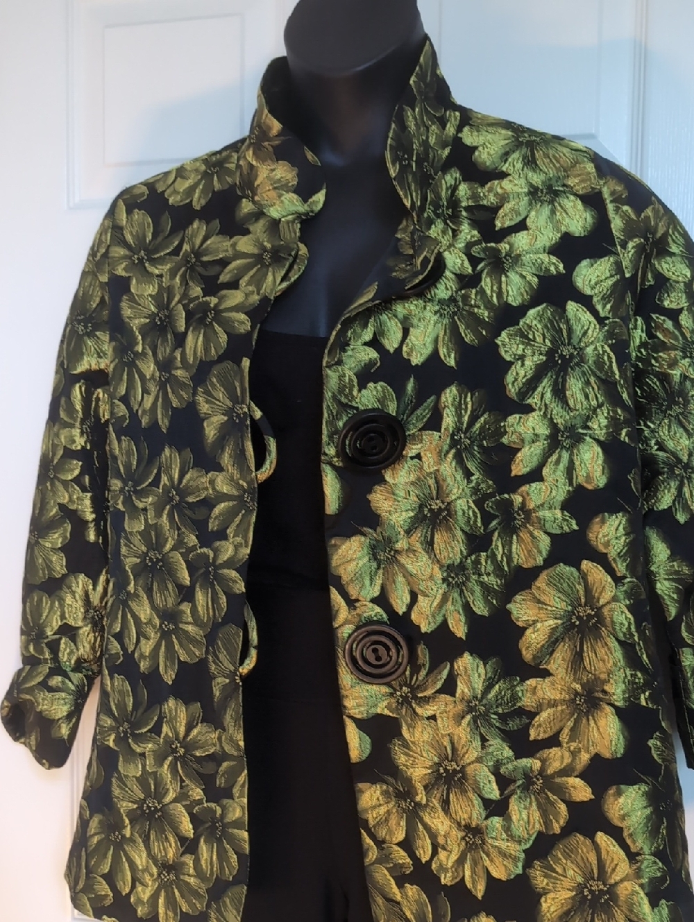 Metallic Green Floral Jacquard Black Women's Jacket